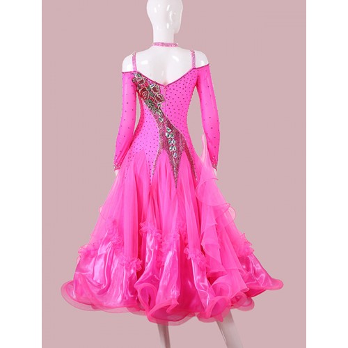 Custom size Hot pink Competition Ballroom Dance dresses for women girls rhinestones professional waltz tango flamenco foxtort dance long dress 